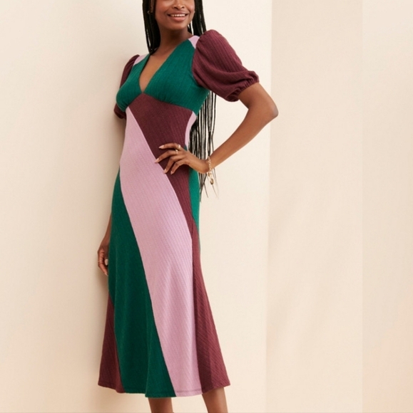Hutch Colorblock Ribbed Knit Midi Dress Large Deep V-neck Burgundy Hunter Green - Picture 1 of 11